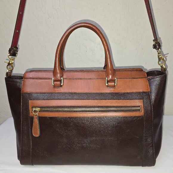 Brahmin Two-Tone Brown Crossgrain Leather & Leather Structured Crossbody Satchel - Picture 3 of 15